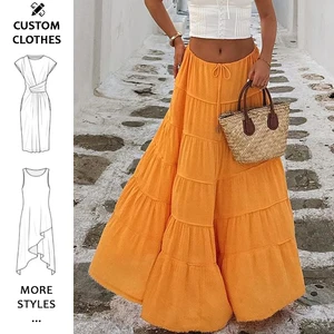 Womens Casual Tiered Maxi Skirt Elastic Waist Solid A Line Pleated Summer Flowy Long Skirts