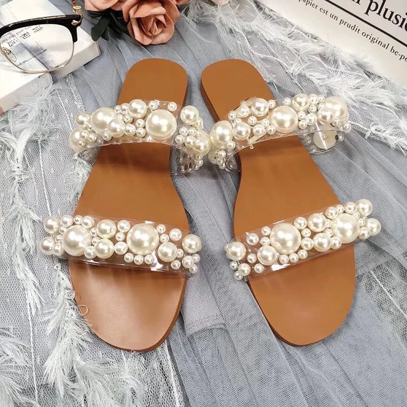 Wholesale 2022 factory cheap ladies outdoor fashion beach slides women's  pearl rhinestone flat sandals slippers From m.