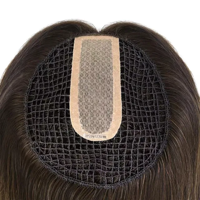 Brown Color Fishnet Human Hair Topper Hand Tied Middle Part Silk Base Toppers