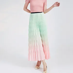 2025 Summer New Women's Gradient Midi Skirt Elastic Waist Loose Plus Size Flowy Long Length Miyake Pleated Skirt