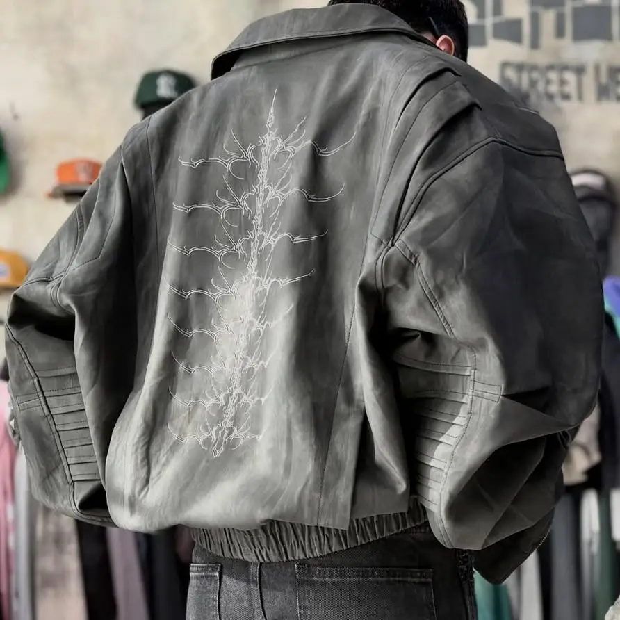 Přizpůsobitelná mužská retro uliční koženě-bavlněná sportovní bunda s kapuci, s vyšíváním a potiskem, přizpůsobitelná.