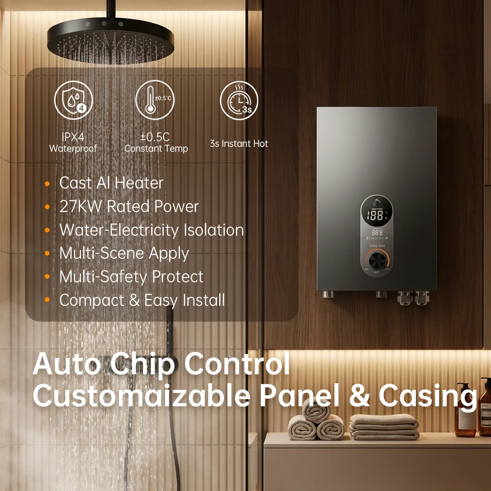 Customized 27KW 240V Metal LED Digital Display Instant Electric Water Heater for Home Commercial Use supplier
