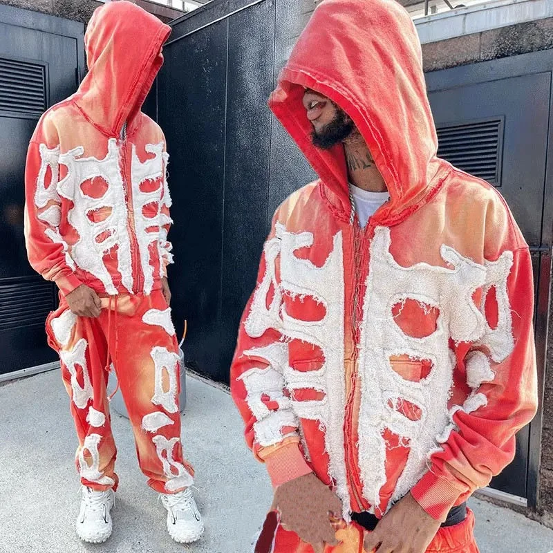 Salati Mens Hoodies&Sweatshirt Set Embroidery Zipper Baggy Acid Wash Distressed Jogger Man Sweatsuit Flared Sweatpants Tracksuit gallery 9