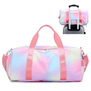 Custom Logo Cute Pink Rainbow Girls Kids Gym Sport Dance Bag Weekend Duffel Overnight Bags with Shoe Compartment Wet Pocket