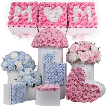 Interior Home Decoration Flowers Peony Bouquet Valentines Mother's Day Gift Set Immortal Eternal Forever Preserved Roses in Box