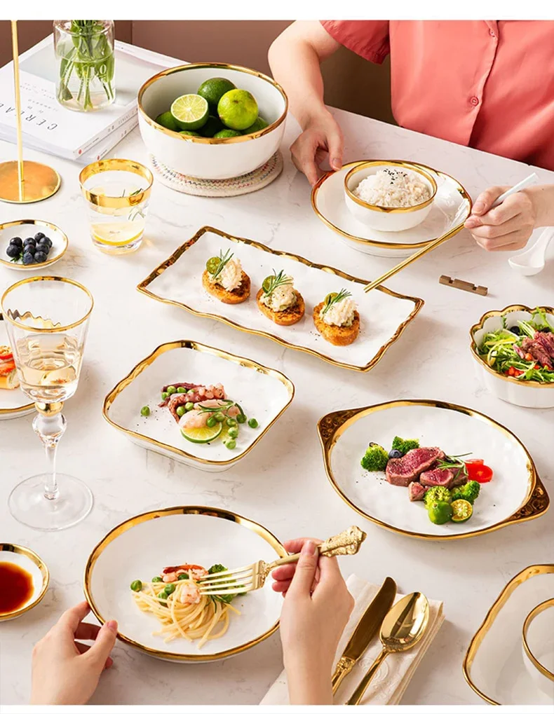 Nordic Style Luxury High Quality Ceramic Tableware Dishes and Plates Bowls Gold Rim Porcelain Dinner Set Ceramic Dinnerware Set details