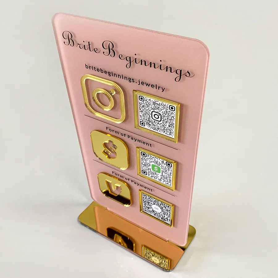 Table Top Logo Sign Mirror Qr Code Sign Stand Plaque Sign Laser Cute Social Media Business Acrylic 10 Carton Indoor Violet Logo