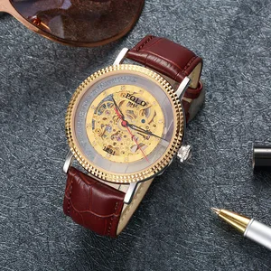Luxury Men's Stainless Steel Mechanical Watch with Unique Hollow Out Design and Transparent Case Back Gold Tone