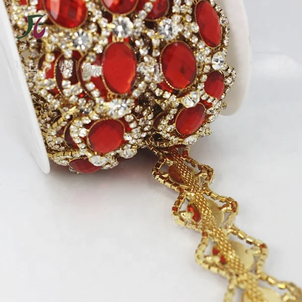 YoungJewl Zircon Rhinestone Chain Trim – 1 Yard Red & Clear Crystal Beaded Trim For Sewing DIY Wedding Decor