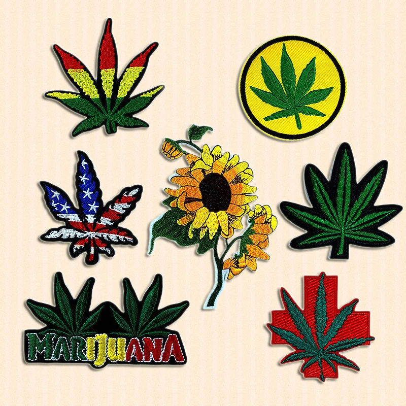 Garment Accessories Patches in Stock Embroidered Iron on Weed Hemp Plant Maple Leaf Patches for Clothing