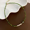 04-f23 Gold olive green beaded pearl necklace