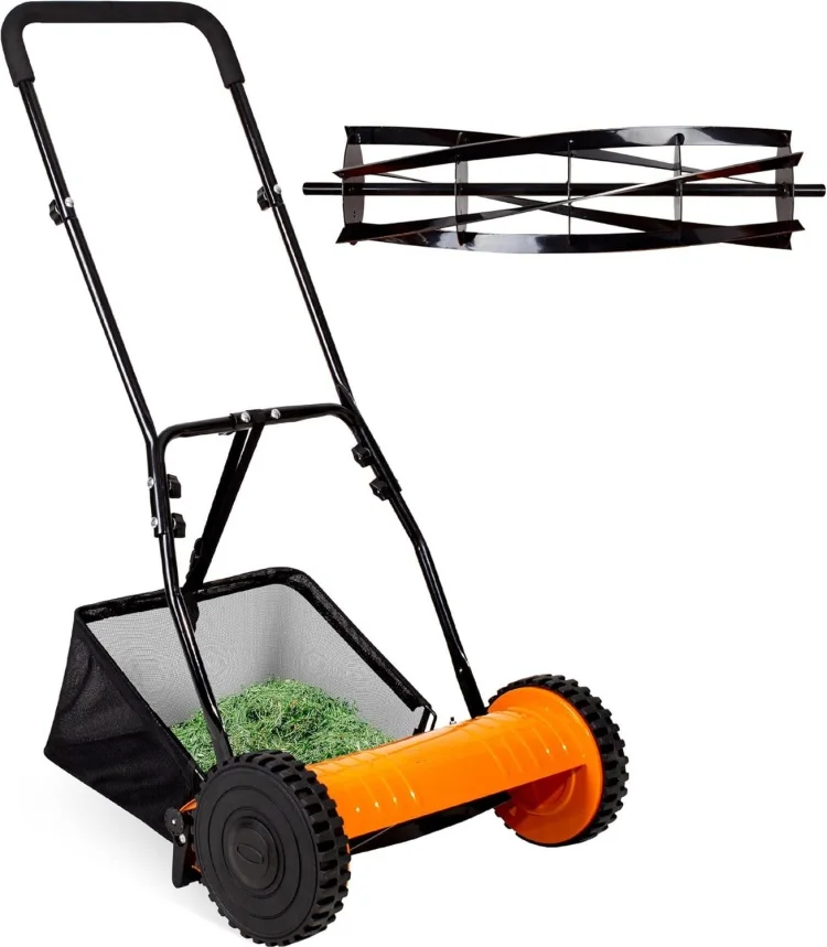 Gardening Tool Push Reel Walk-Behind Steel Lawn Mowers with Multiple-Blade 4-Position Cutting Height Adjustment
