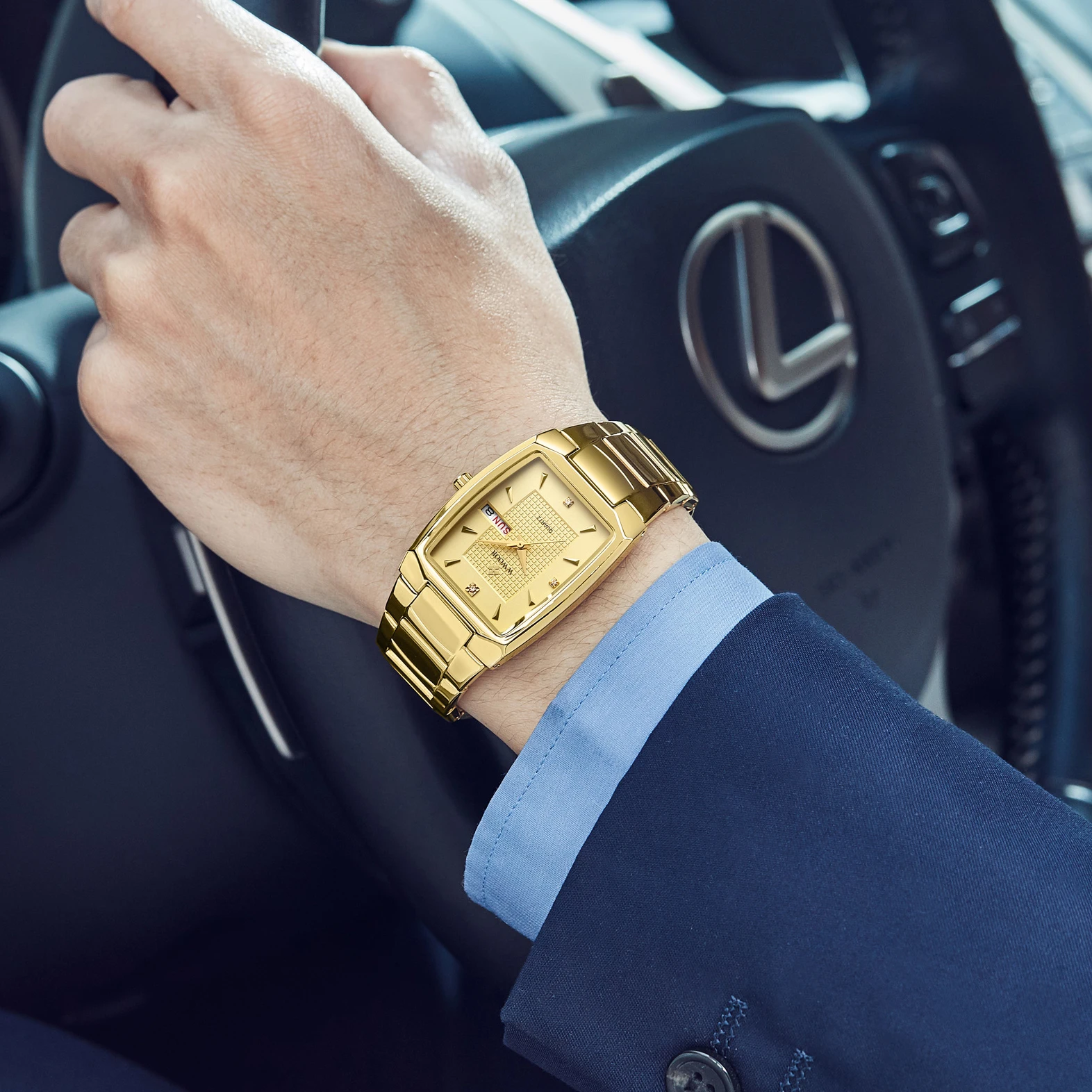 3ATM Minimalist Quartz With Date Square Unique Gold Watch for Men