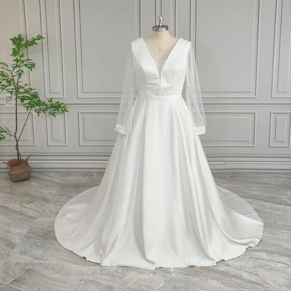 Real Photos High Quality Long Pearls Tulle A-line Wedding Dress for Bride  Elegant Backless Satin Bridal Gown With Pockets