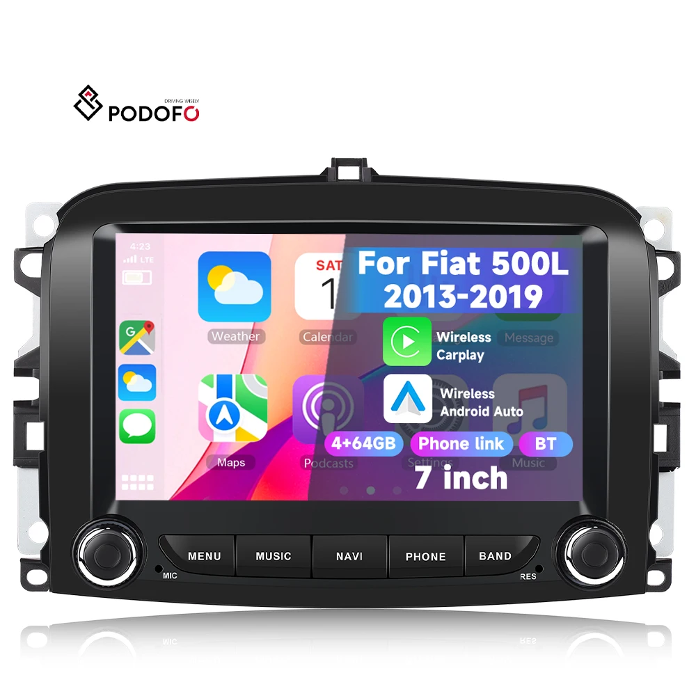 Podofo 7-inch 4+64G 2 Din Android Car Radio for Fiat 500L 2013-2019 Wireless Carplay/Android Auto IPS BT GPS WiFi Wholesale A4289