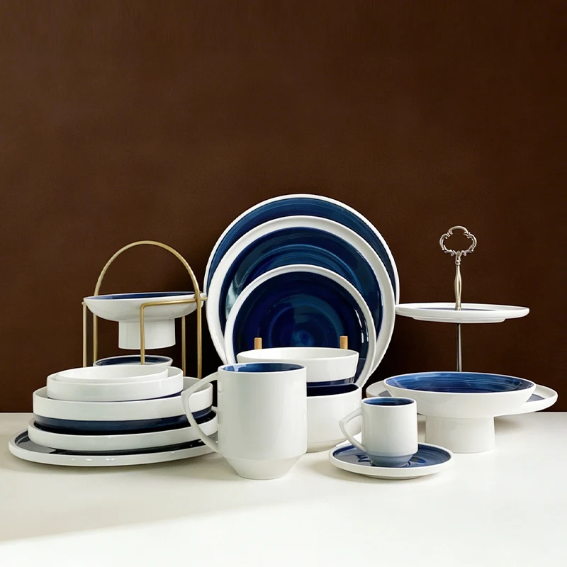 Elegant Blue and White Porcelain Dinner Set Modern Ceramic Tableware for Home & Restaurant