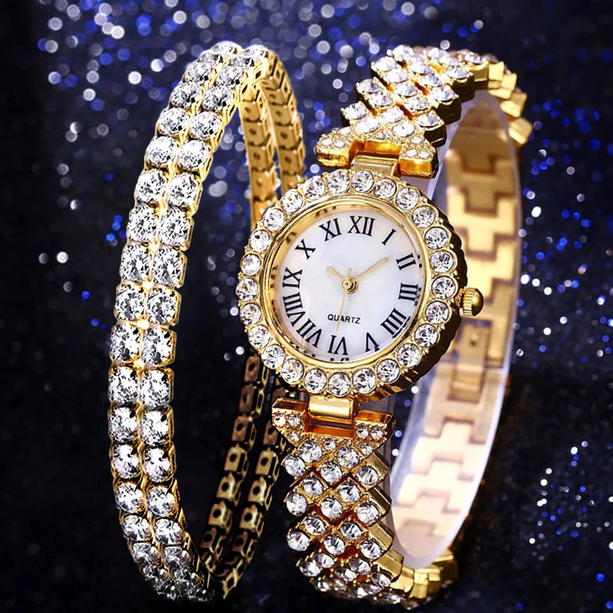 Hot Selling Diamond Quartz Watch Double Diamond Bracelet Set for Women