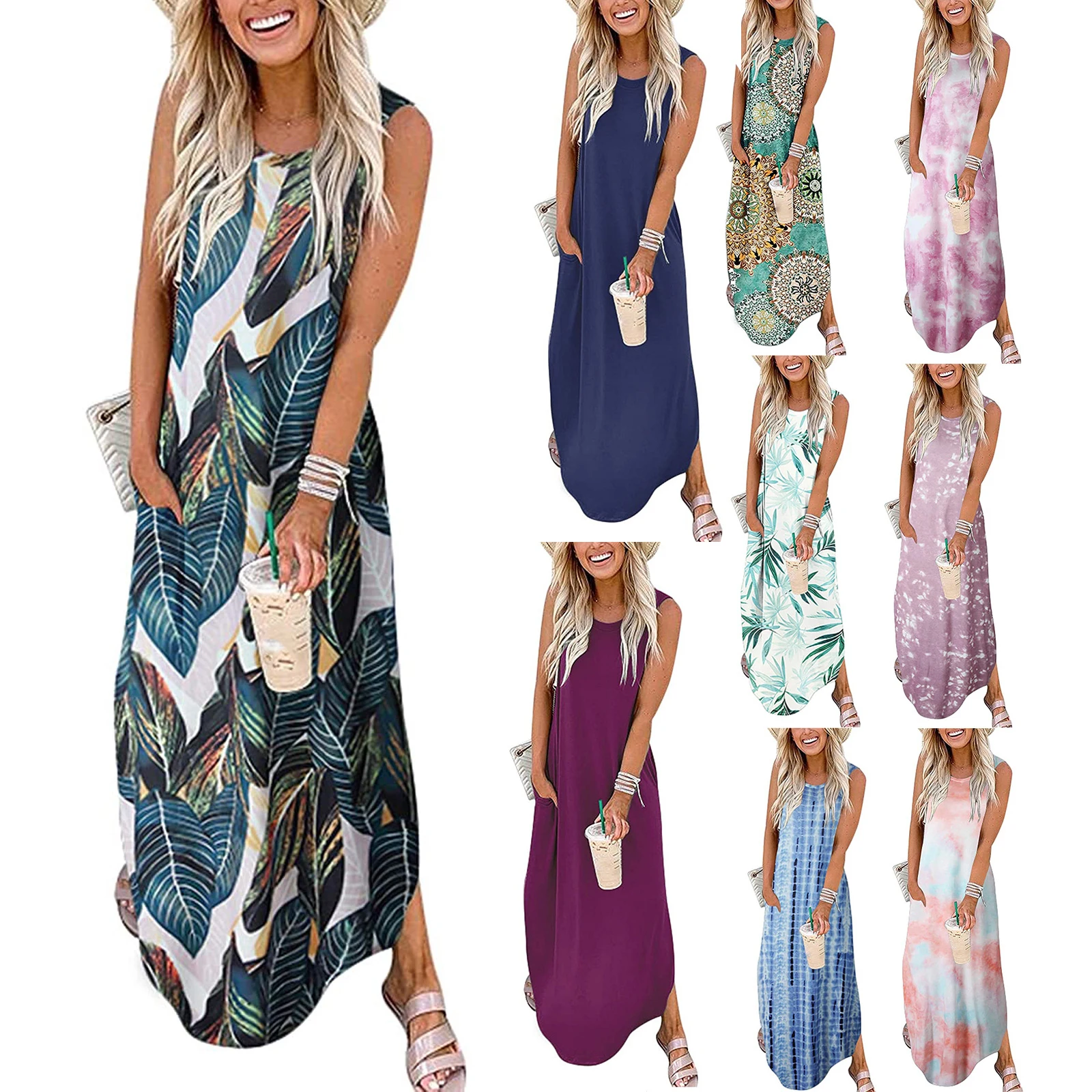 Women's Short Sleeve V Neck Pocket Casual Side Split Beach Long Maxi Dress Loose Fit Hawaiian Beach Dress 