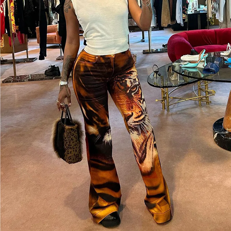 Wholesale Lygens Tiger Print Y2K Streetwear Button High Waist