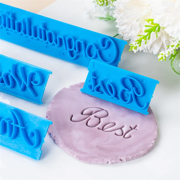 Hot Selling Alphabet Cookie Cutter Set With Good Wishes Blue Letter Stamp Embossed Fondant Tool for Cake Decoration