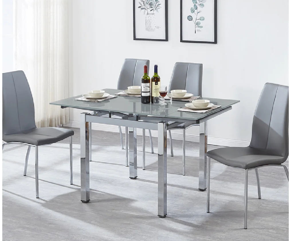 Modern Glass Dining Table Grey Tempered Glass Top Simple Silver