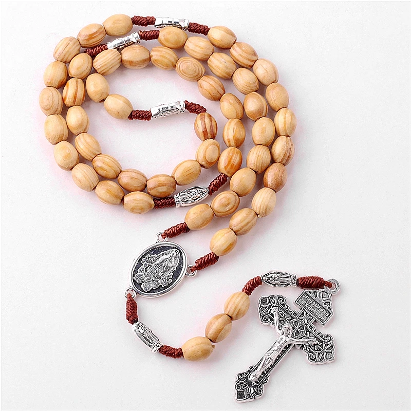 Woven Catholic Religious Items Guadalupe Rosary 8*10mm Light Brown Wooden Beads Knot Necklace