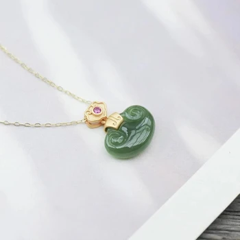 New silver inlaid natural Hetian Jasper Pendant Necklace Chinese style retro unique ancient gold charm women&#39;s jewelry