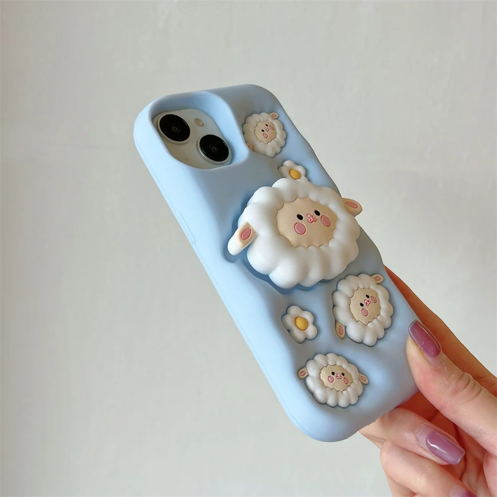Kawaii Sheep Design Soft Silicone Shockproof Protective Cover with Holder for Women Girls for iPhone 16 Pro Max Cute Phone Case