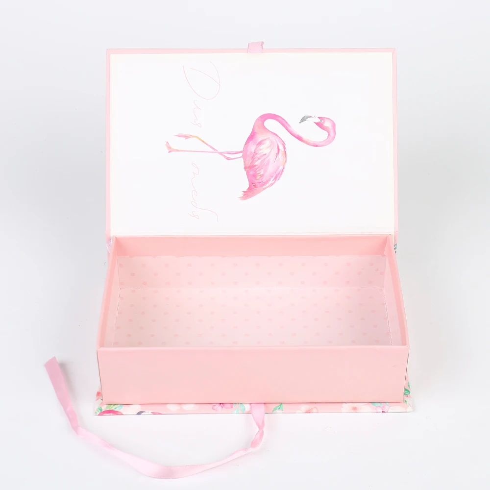 product customized book shaped box pink special paper gift boxes flamingo design logo custom rigid flip box with ribbon for perfume-44