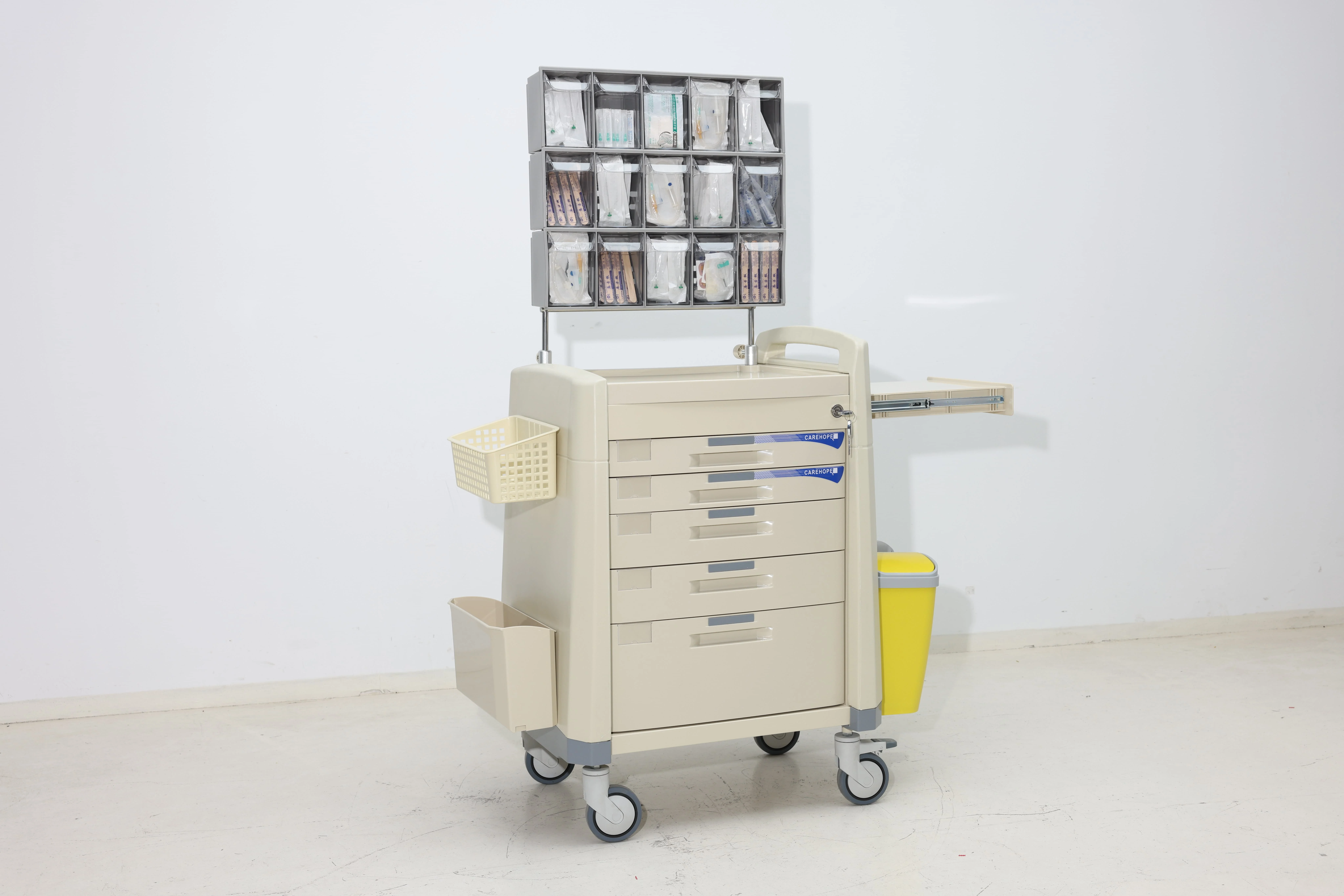 Modern ABS Surgical Anesthesia Tower with Triple-Row Transparent Pharma Trays Convenient 4-Castor Design for Hospital Hotel Use 3