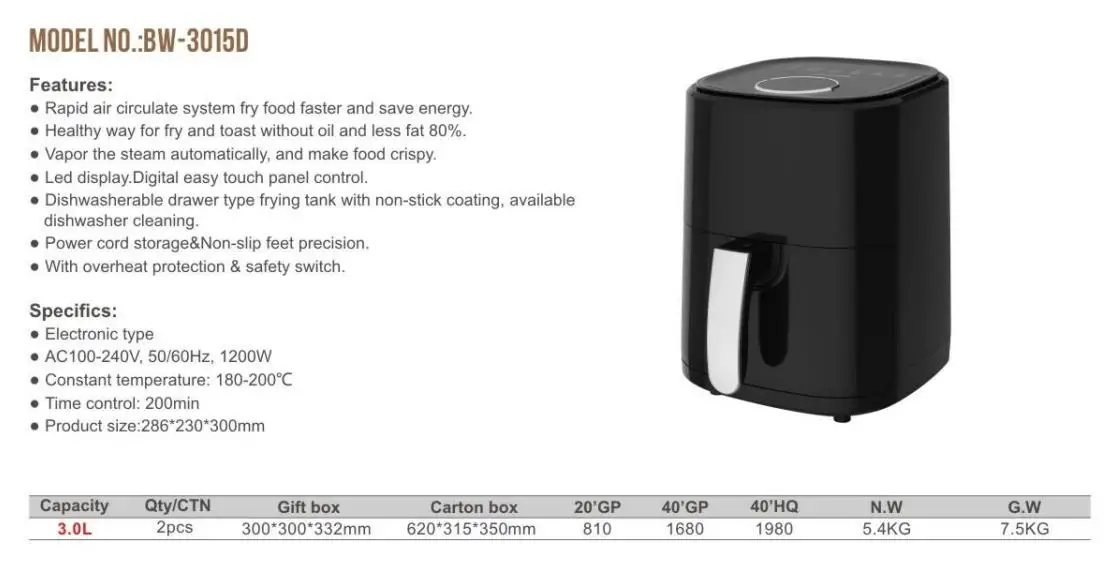 2024 Air Fry Digital Temperature Control Oil Free Electric Oven 3L Desktop Multi Function Oven Air Fryer
