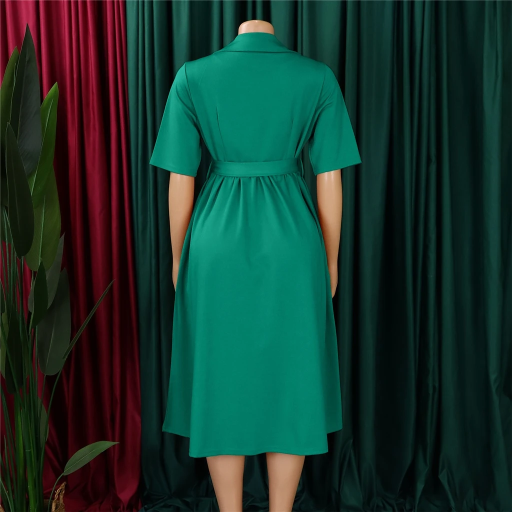 ZHEZHE Latest Design Summer Ladies Office Dresses for Women Suit Collar  Short Sleeve Solid Color A-line Elegant Casual Dresses