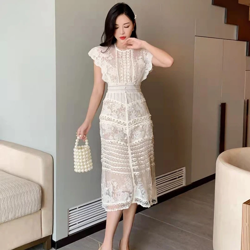 Vestidos Retro De Cintura Alta Para Mujer,Ropa Informal Elegante Con Líneas  De Encaje,Vestidos De Temperamento De Manga Corta,2022 - Buy De Gama Alta  De Encaje Elegante Línea De Encaje Retro Cintura Alta
