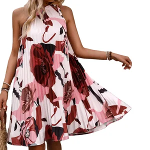 Sweet Pink Pleated Floral Print Mini Dress Cold Shoulder Loose Waist Eco-Friendly Washable for Summer Fashion Design Collection
