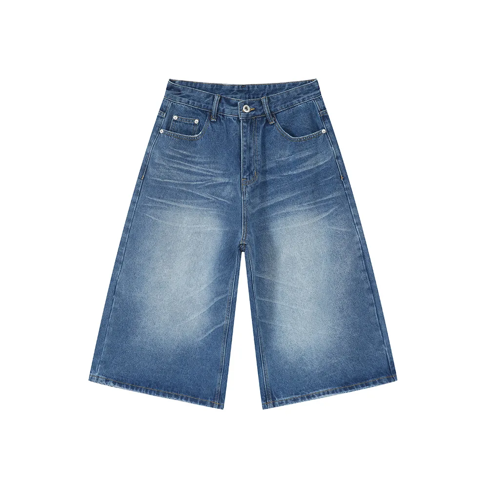 Pantaloni estivi dritti larghi da uomo, retrò, verdi, a gamba larga, drappeggiati, pantaloncini in denim corti, jeans larghi da uomo_voghion.com