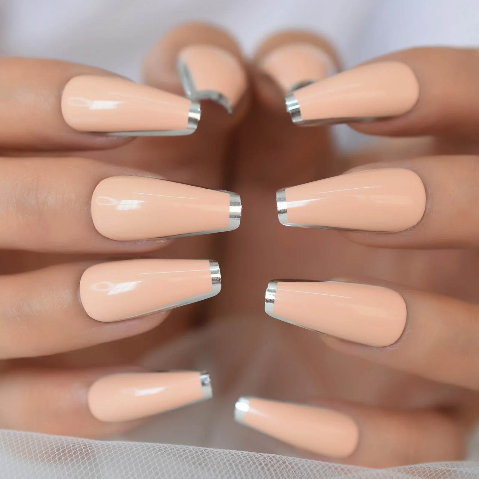 Beige Color Decoration Artificial Acrylic Nails With Sliver Border Long French Coffin False Nail Tip Buy False Nail Tip Coffin False Nail Tip French False Nail Tip Product On Alibaba Com