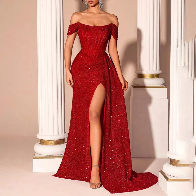 Champagne Gold Bronzing Off-Shoulder Tight Waist French Side Long Dress  2026 Summer New Women's Dress| Alibaba.com