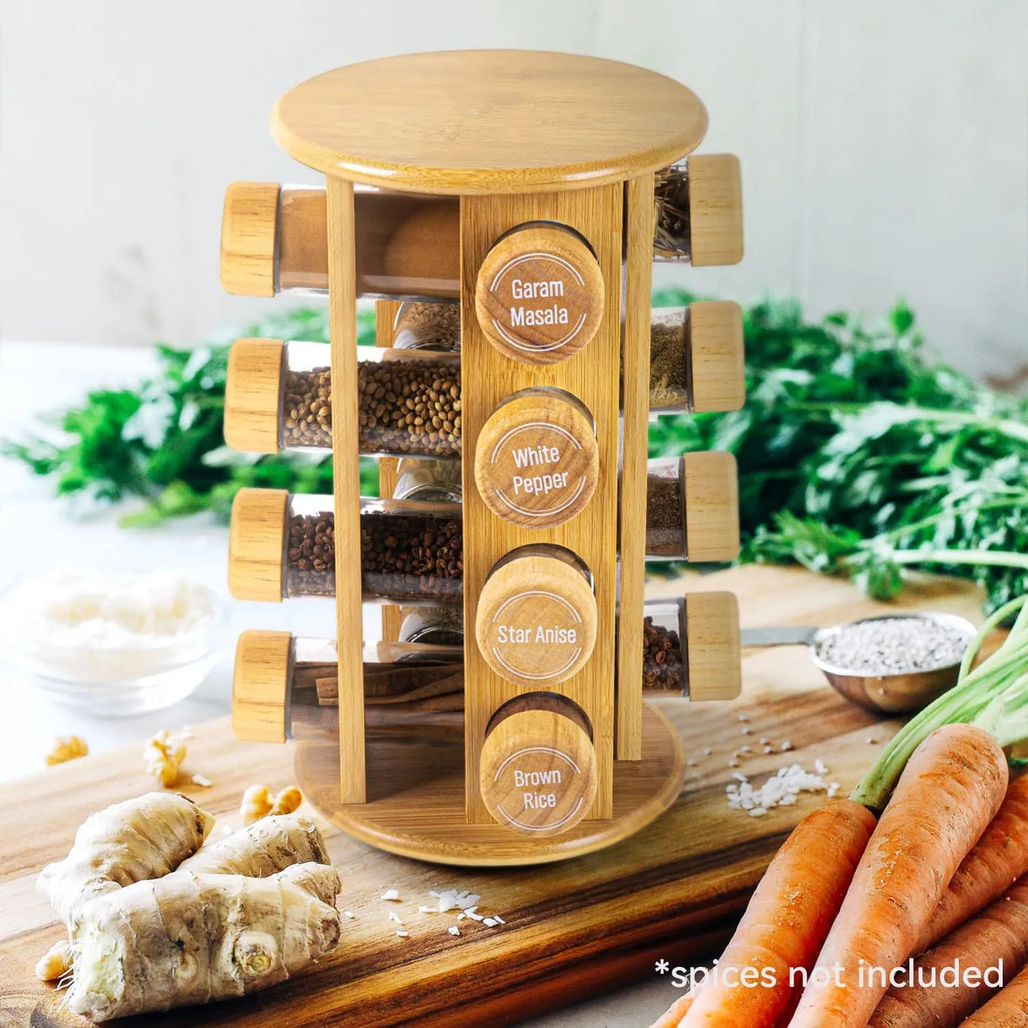 Bamboo Revolving Spice Rack For Kitchen 12bottle Spice Jar Organizer