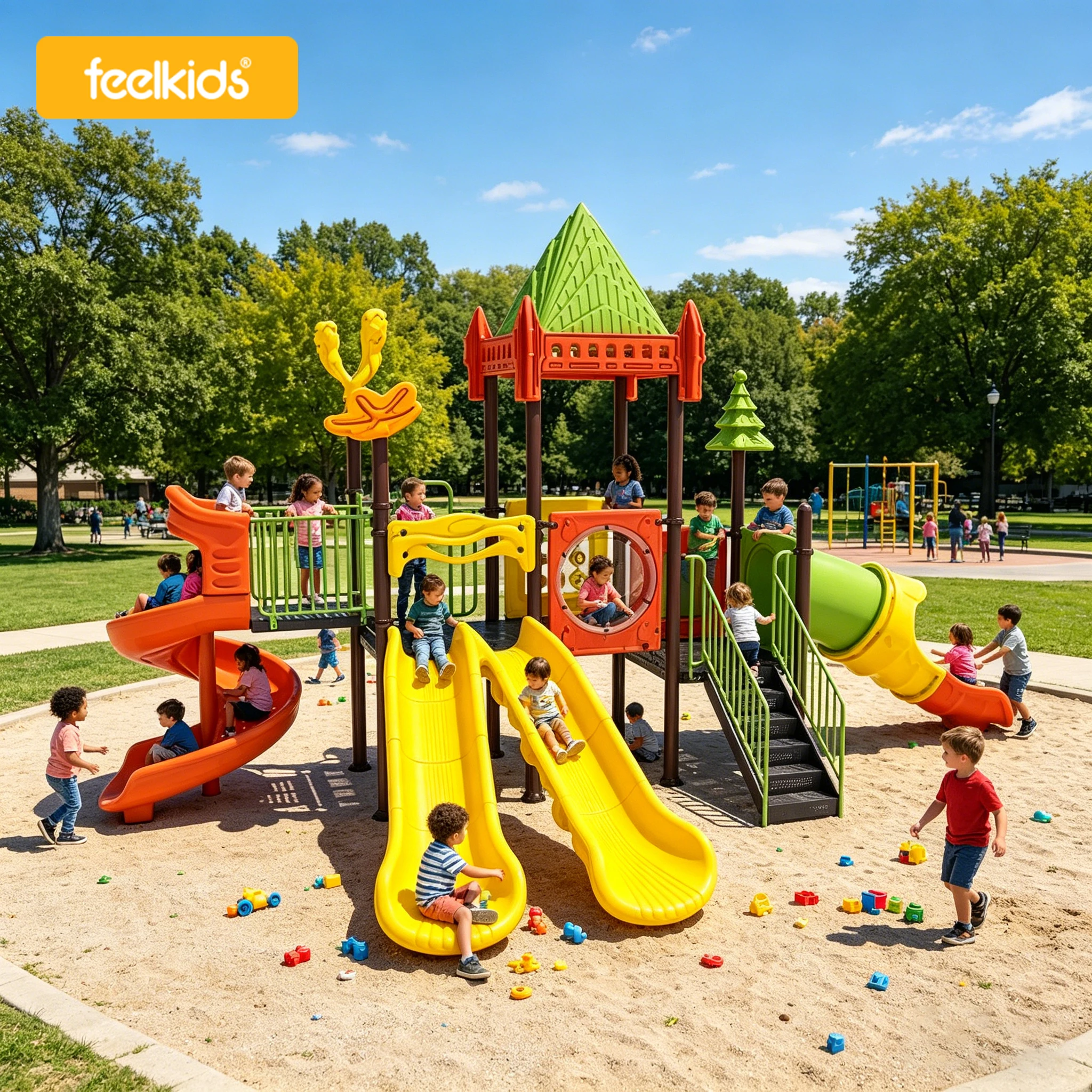 Feelkids Large Outdoor Amusement Equipment Playground Plastic+Galvanized Pipe Slide Children's Park High Capacity Supports