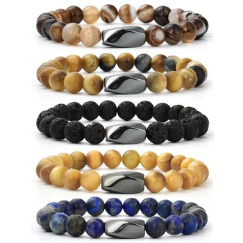 couple  bracelet Hand Jewelry Manufacturers Wholesale 8mm Gemstone Natural Tiger Eye Lava Stone Beads Hematite Charm Bracelet
