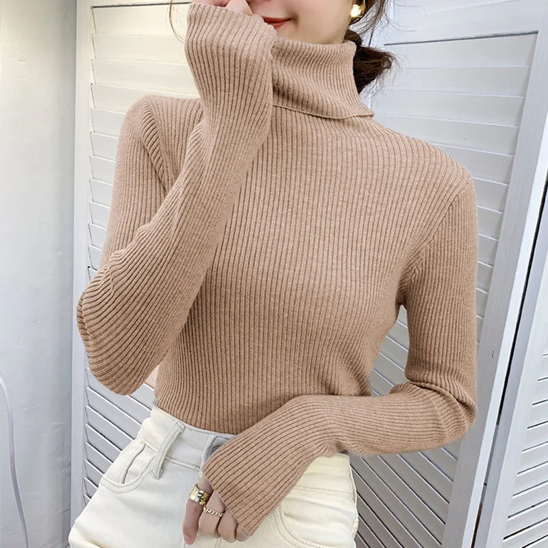 Causal Turtleneck Knitted Women Sweater Top Autumn Long Sleeve Slim Primer Shirt Elastic Pullover Solid Women Sweater