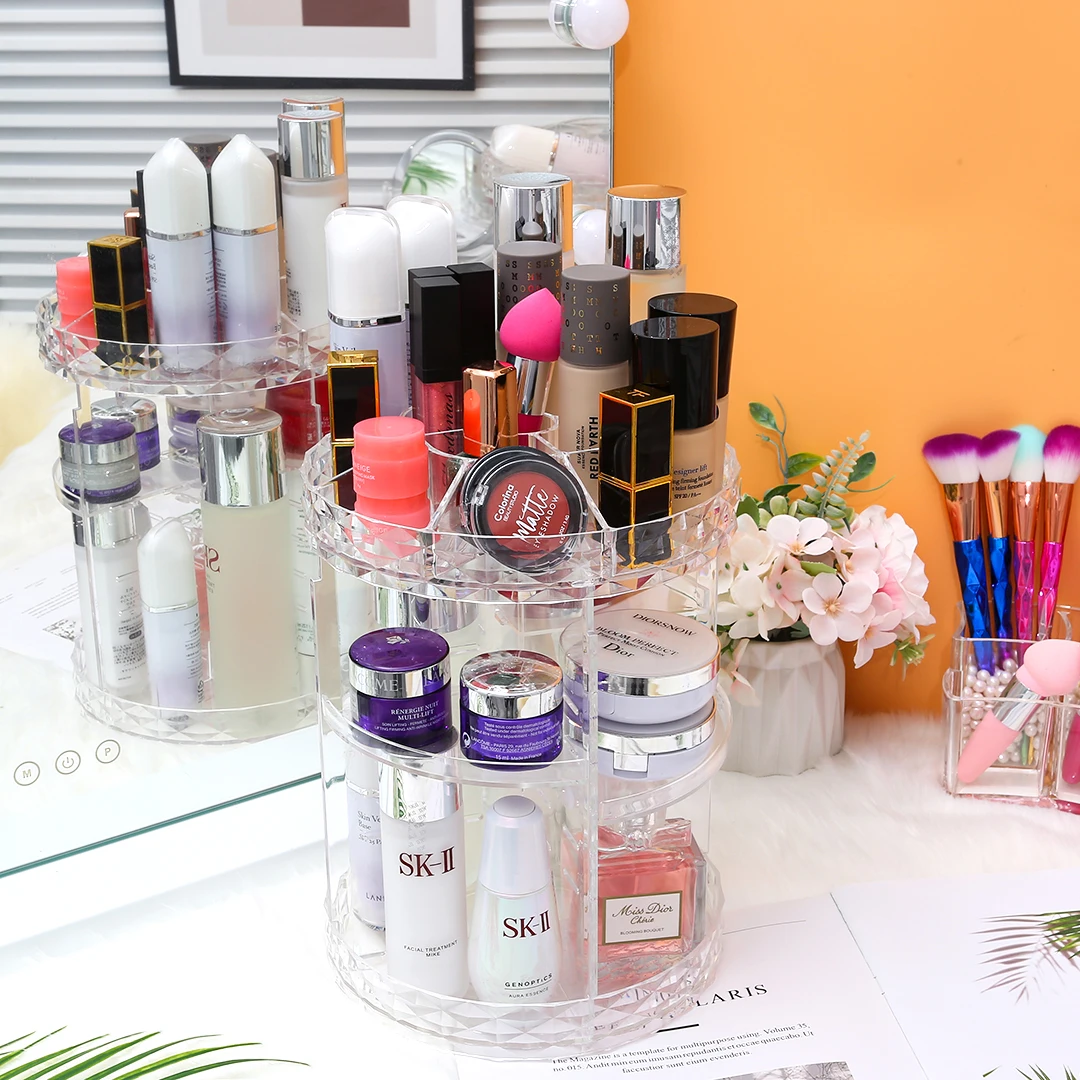 DIY Adjustable Cosmetics Caddy Shelf Organizer Box Carousel Spinning Holder Storage Rack 360 Rotating Makeup Organizer