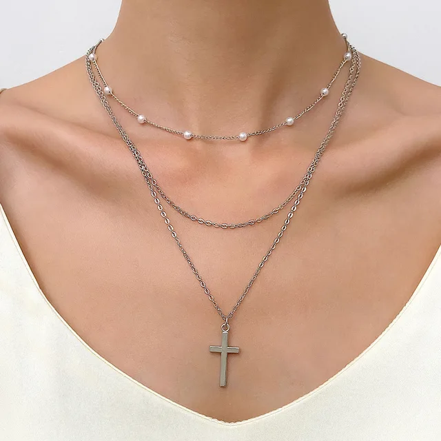 2024 Hip Hop Stainless Steel Chain Necklace Gold Link Pearl Double Cross Pendant for Men Gift Jewelry