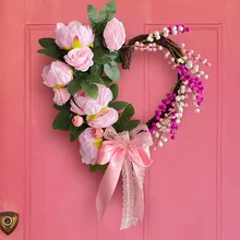 Valentine's Day heart shaped love wreath 2024 romantic bow pink peony flower wreath for wedding scene layout props