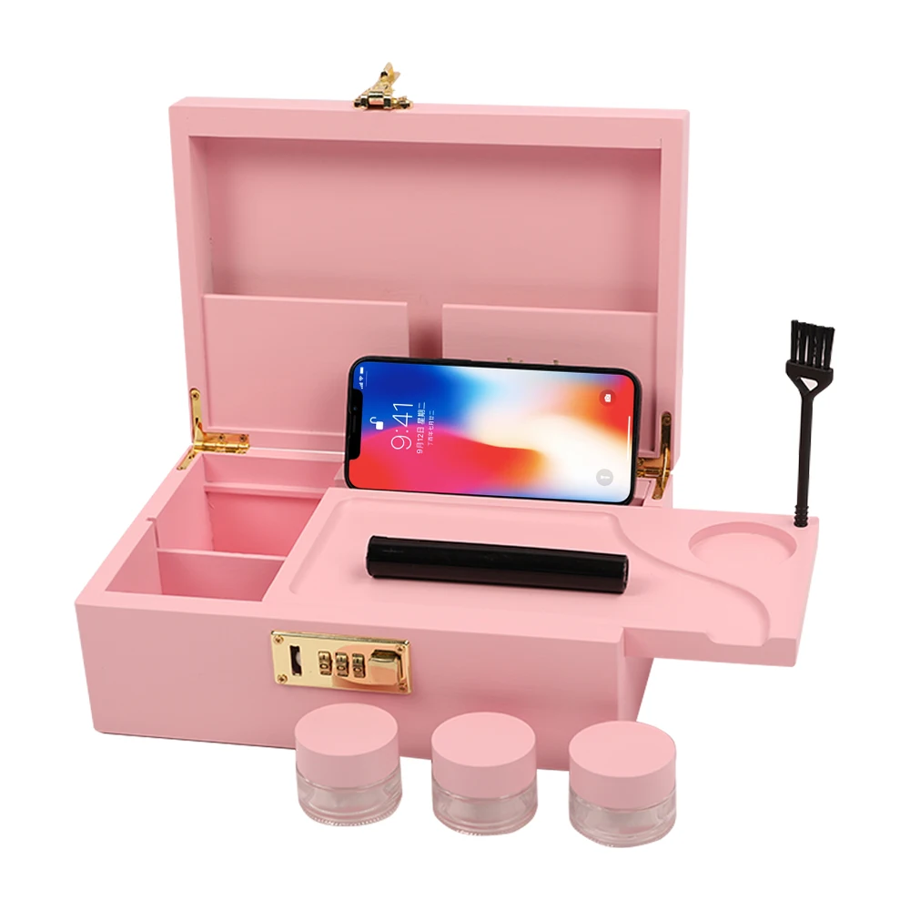 pink Customize LOGO Smoking case Accessories Nature Bamboo Wooden Smoking Herb Stash Box with Jars Lock Combo Kit