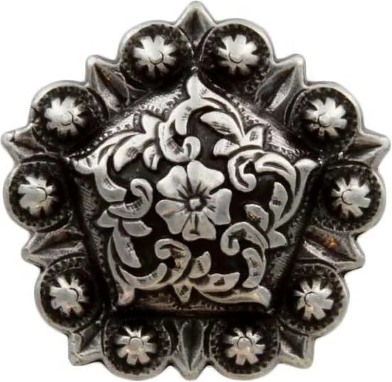 Antique Floral Engraved Pentagon Conchos Durable Zinc Material Belt Buckles with Screw Back Design for Western Horse Saddle Tack