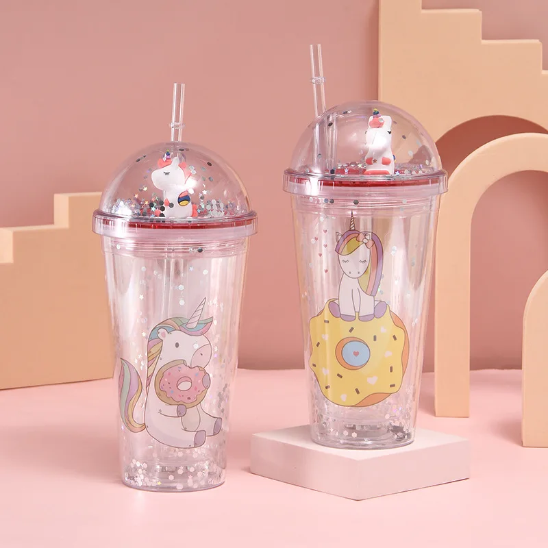 Double Wall Plastic Tumblers With Lids And Straws Reusable Unicorn