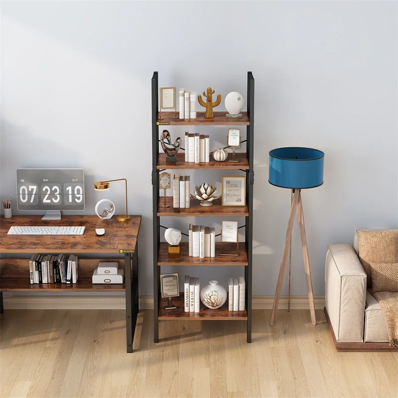 YQ Forever Furniture Modern Design Wood and Black Metal Living Room Decorative Storage Rack Bookcase Bookshelves Cabinet