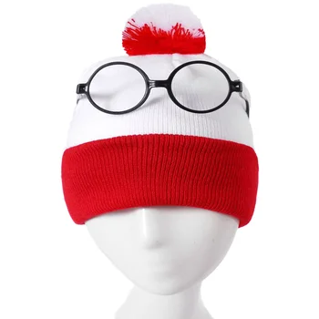 Red & White Striped Beanie Hat for Men & Women Cosplay Halloween Costume Set with Nerdy Glasses for Christmas & Party Props