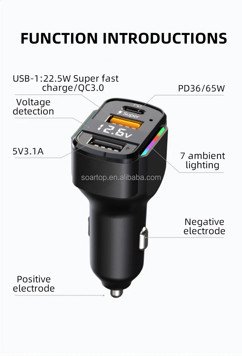 3 in 1 Car Charger Spring Charging Cable RGB Indicator Voltage Display with 3 USB Ports 65W Rated Power